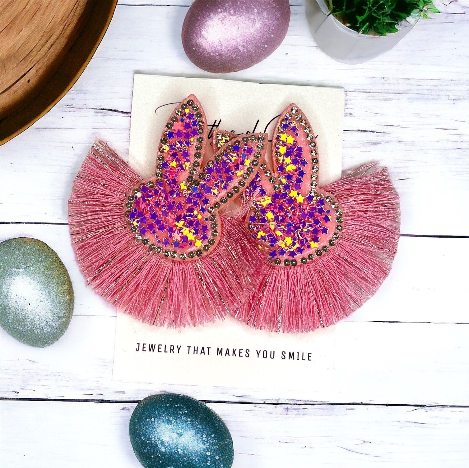 Sparkle & Hop: Pink Glitter Tassel Bunny Earrings for a Dazzling Easter! - Rhythms of Grace Creative