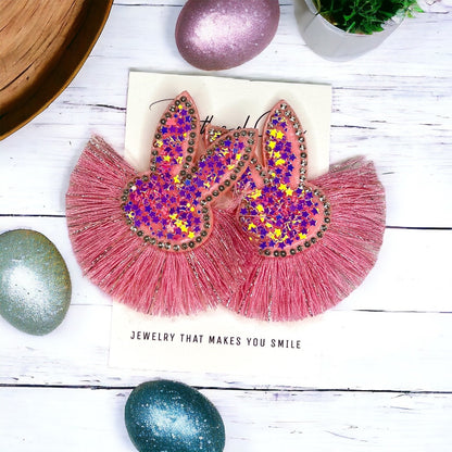 Sparkle & Hop: Pink Glitter Tassel Bunny Earrings for a Dazzling Easter! - Rhythms of Grace Creative