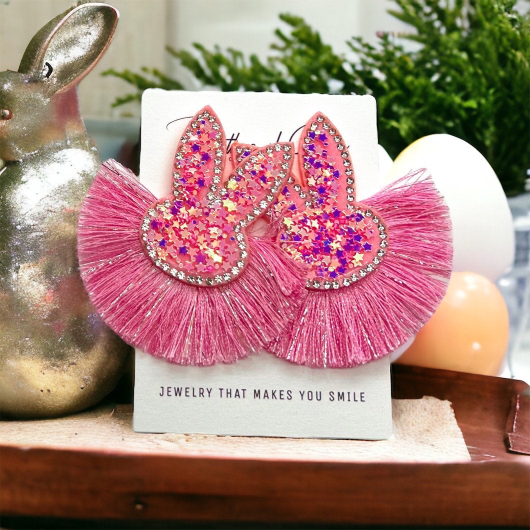 Sparkle & Hop: Pink Glitter Tassel Bunny Earrings for a Dazzling Easter! - Rhythms of Grace Creative