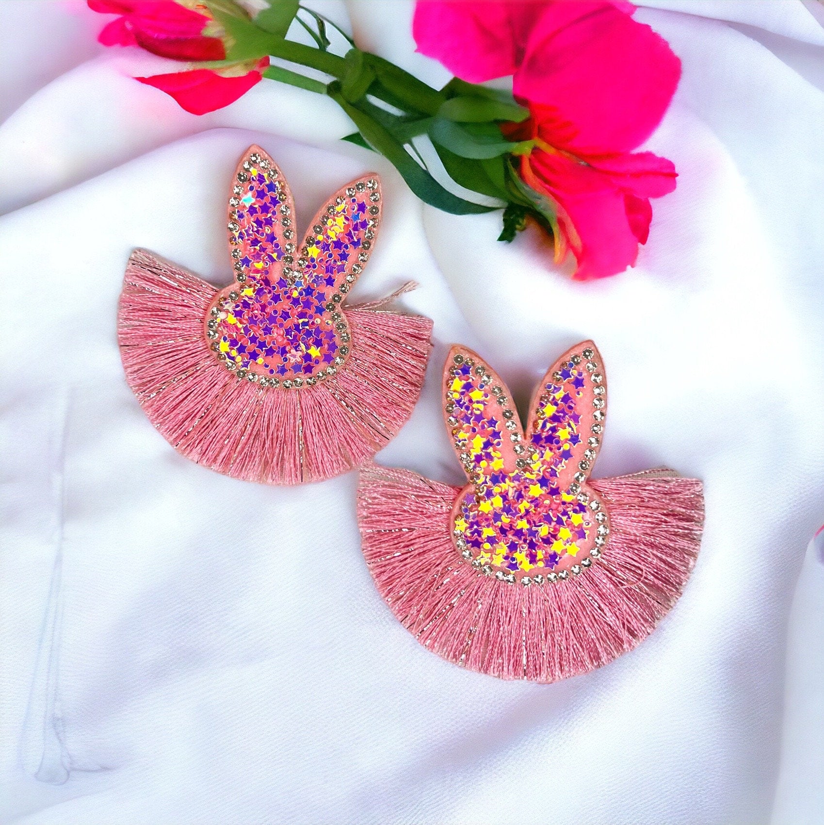 Sparkle & Hop: Pink Glitter Tassel Bunny Earrings for a Dazzling Easter! - Rhythms of Grace Creative