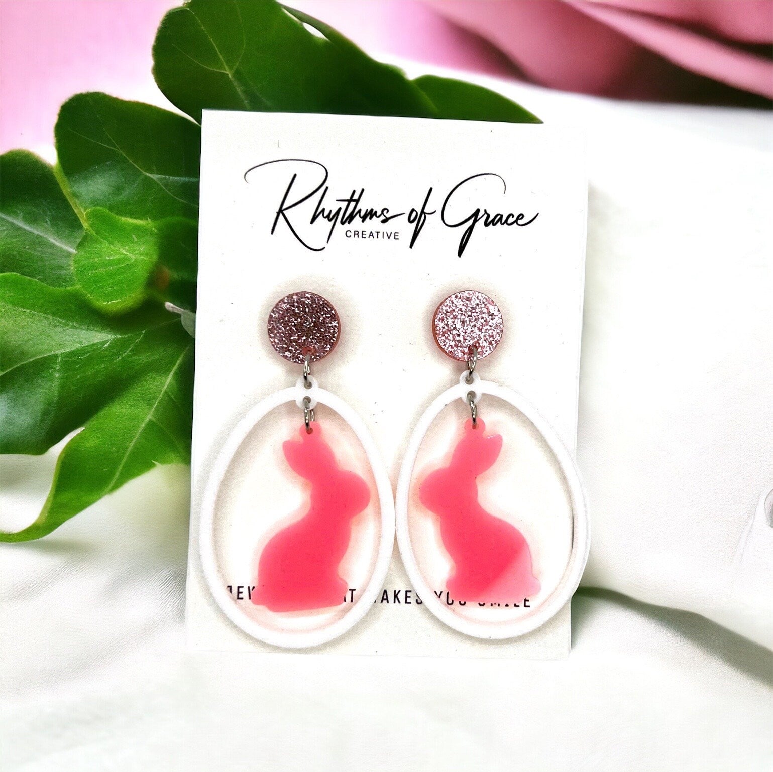 Pink Bunny Easter Earrings | Spring Accessory | Easter Bunny, Egg & Glitter Stud Earrings | Cute Easter Gift | Handmade Jewelry - Rhythms of Grace Creative