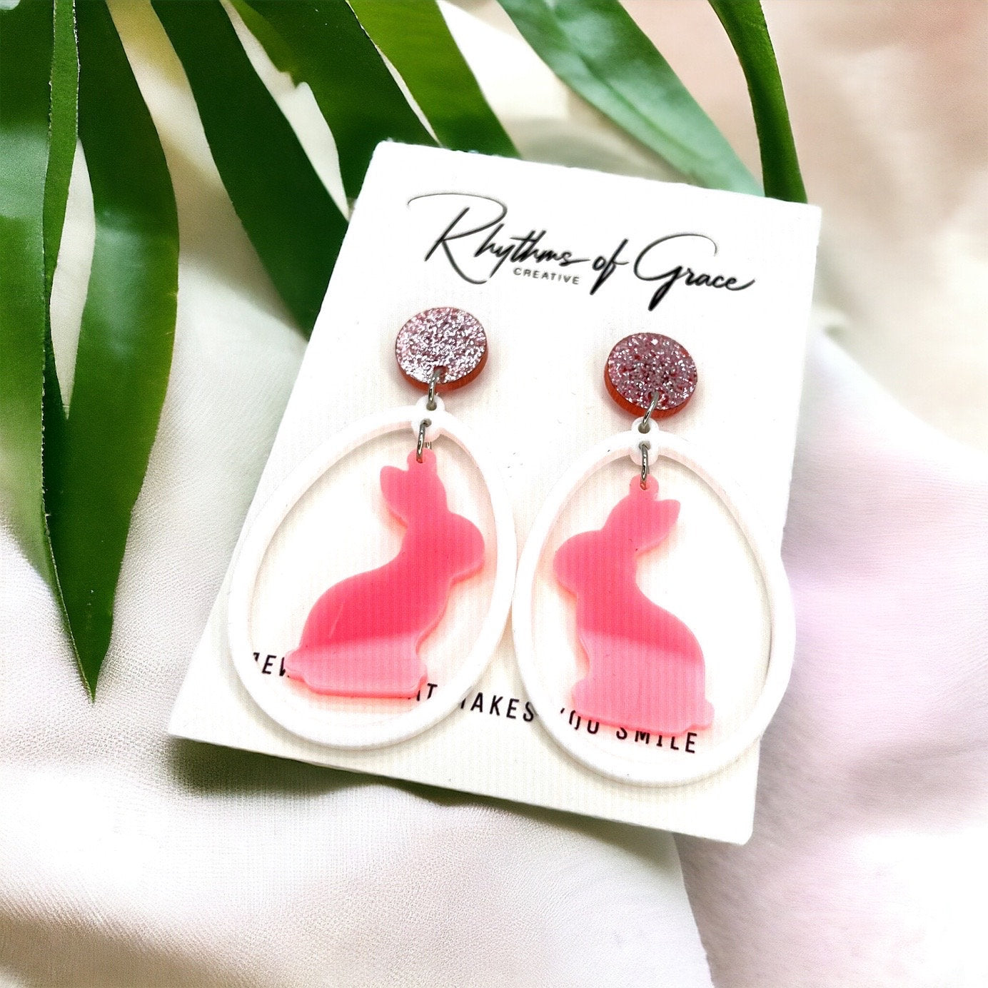 Pink Bunny Easter Earrings | Spring Accessory | Easter Bunny, Egg & Glitter Stud Earrings | Cute Easter Gift | Handmade Jewelry - Rhythms of Grace Creative