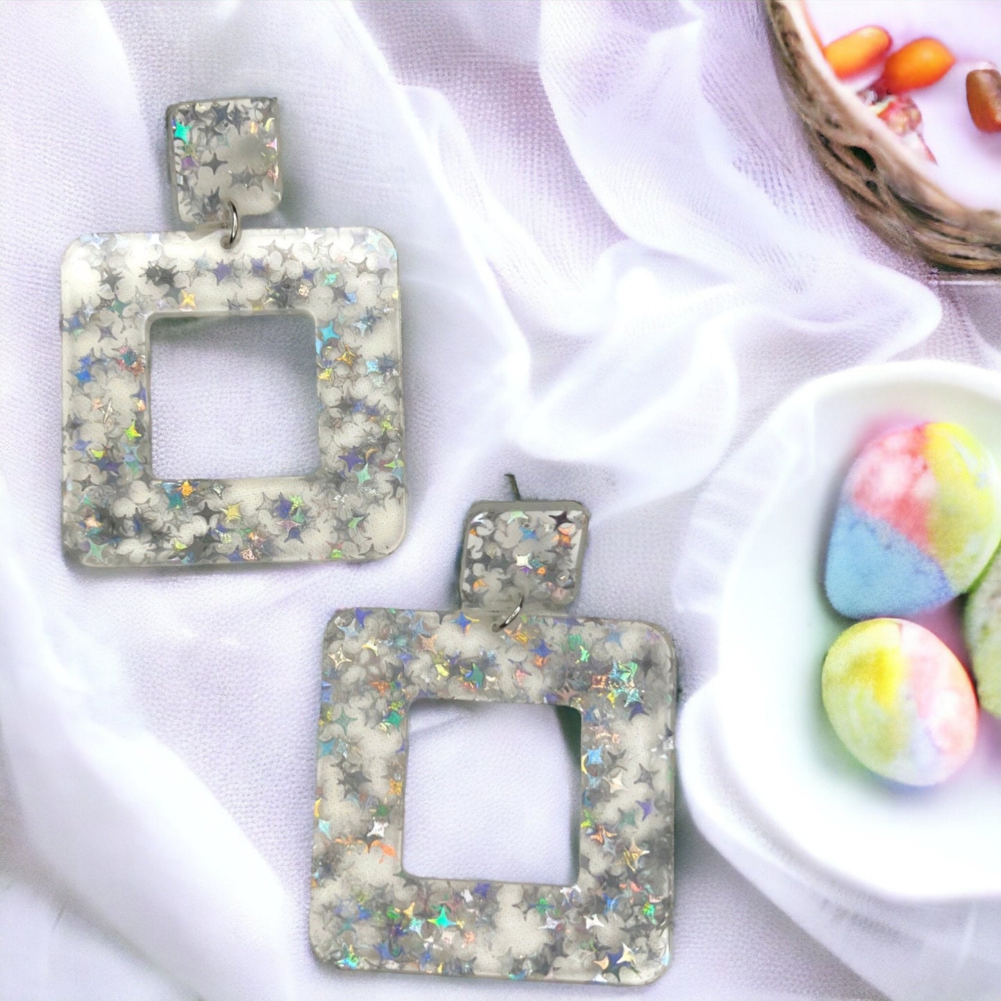 Sparkle & Shine: Silver & Clear Holographic Earrings - Rhythms of Grace Creative