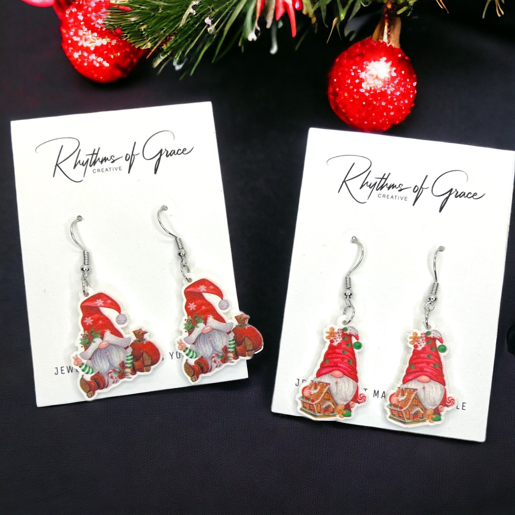 Christmas Gnome Earrings - Christmas Earrings, Garden Gnome, Christmas Gnomes, Christmas Jewelry, Handmade Earrings, Holiday Gnome, Elf - Rhythms of Grace Creative