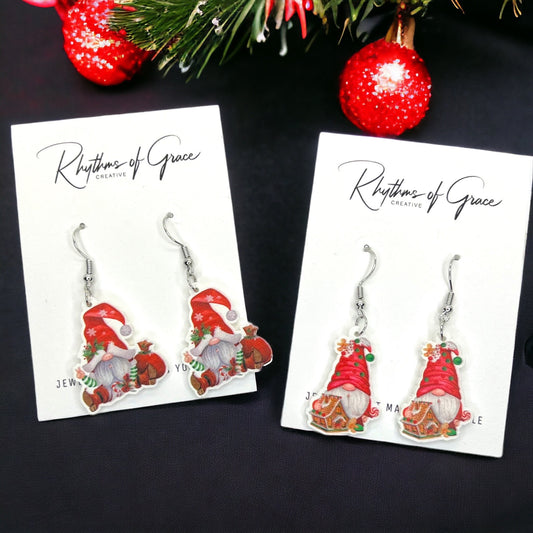 Christmas Gnome Earrings - Christmas Earrings, Garden Gnome, Christmas Gnomes, Christmas Jewelry, Handmade Earrings, Holiday Gnome, Elf - Rhythms of Grace Creative