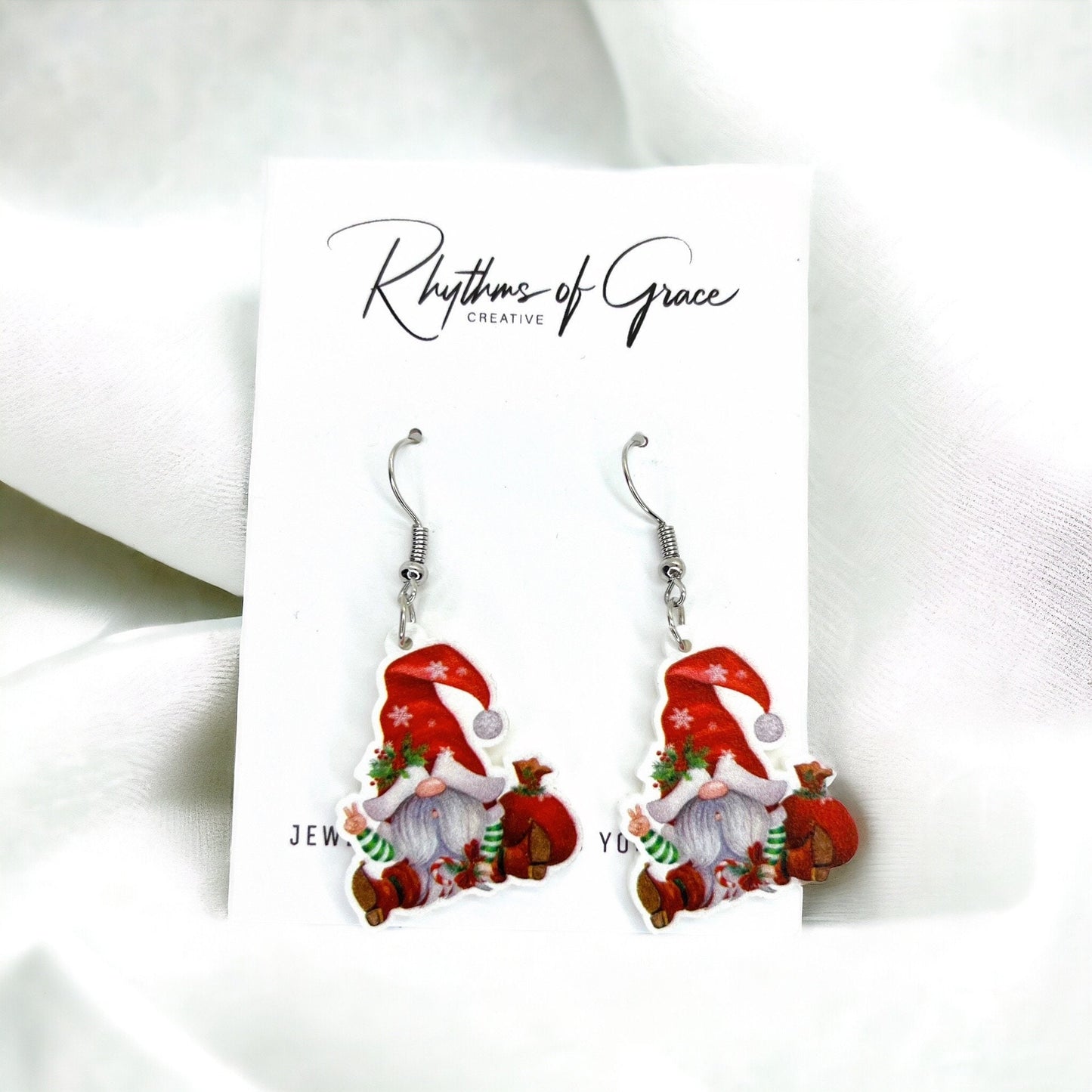 Christmas Gnome Earrings - Christmas Earrings, Garden Gnome, Christmas Gnomes, Christmas Jewelry, Handmade Earrings, Holiday Gnome, Elf - Rhythms of Grace Creative