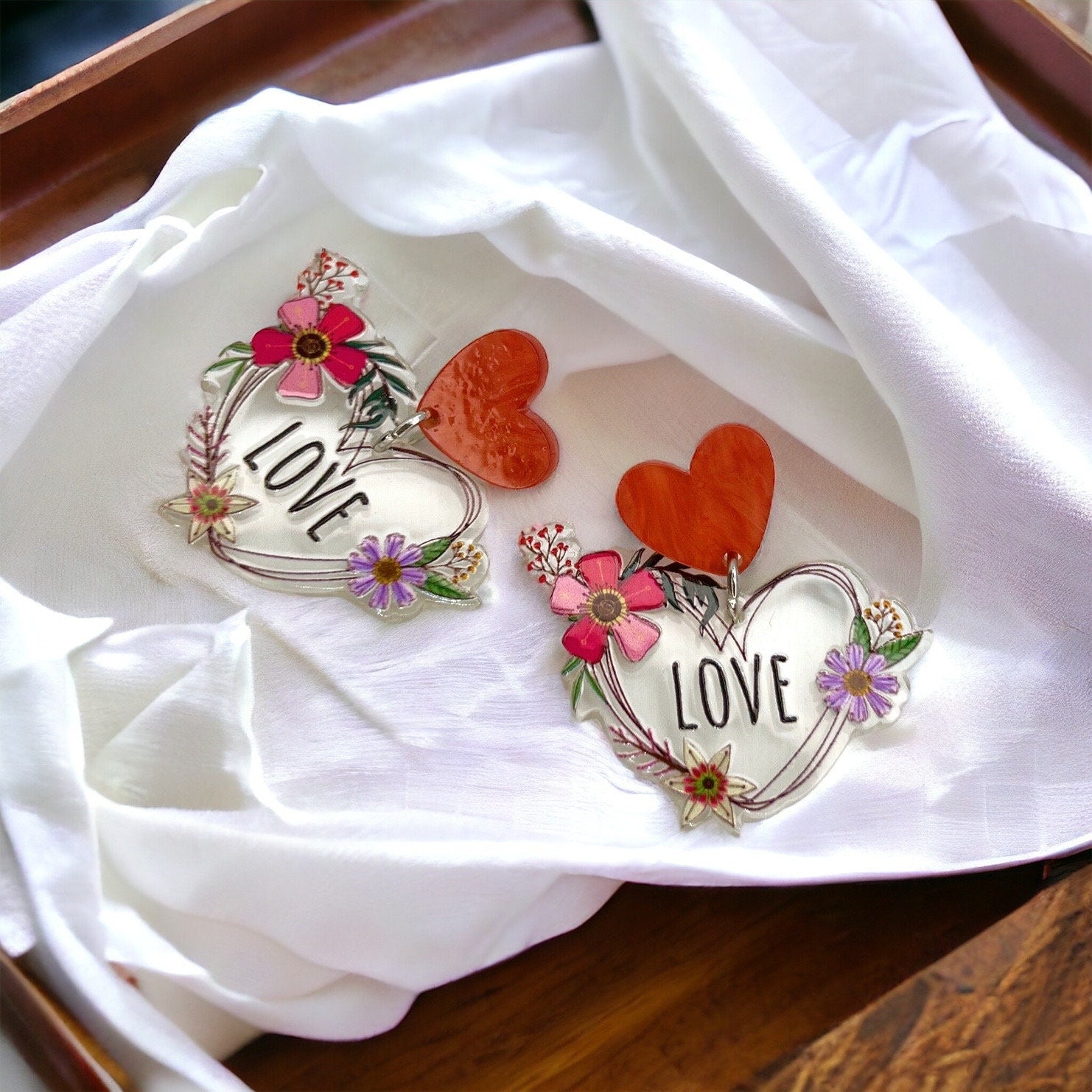 Floral Love Affair – Whimsical Heart Earrings with Flowers & Script - Rhythms of Grace Creative