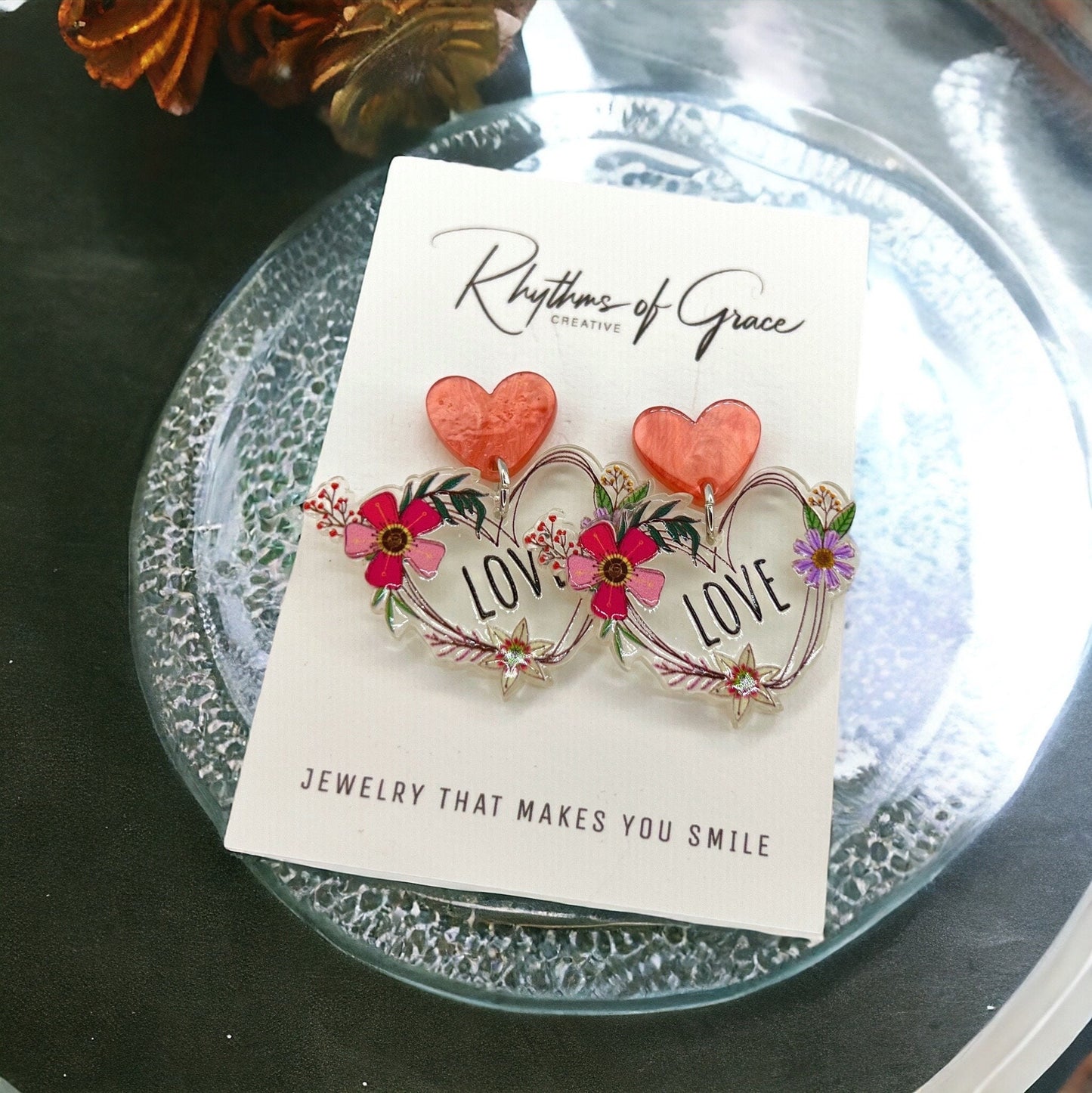 Floral Love Affair – Whimsical Heart Earrings with Flowers & Script - Rhythms of Grace Creative