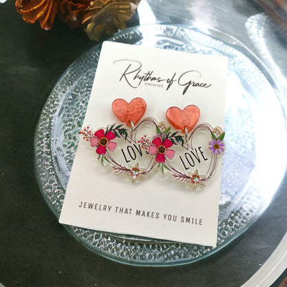 Floral Love Affair – Whimsical Heart Earrings with Flowers & Script - Rhythms of Grace Creative