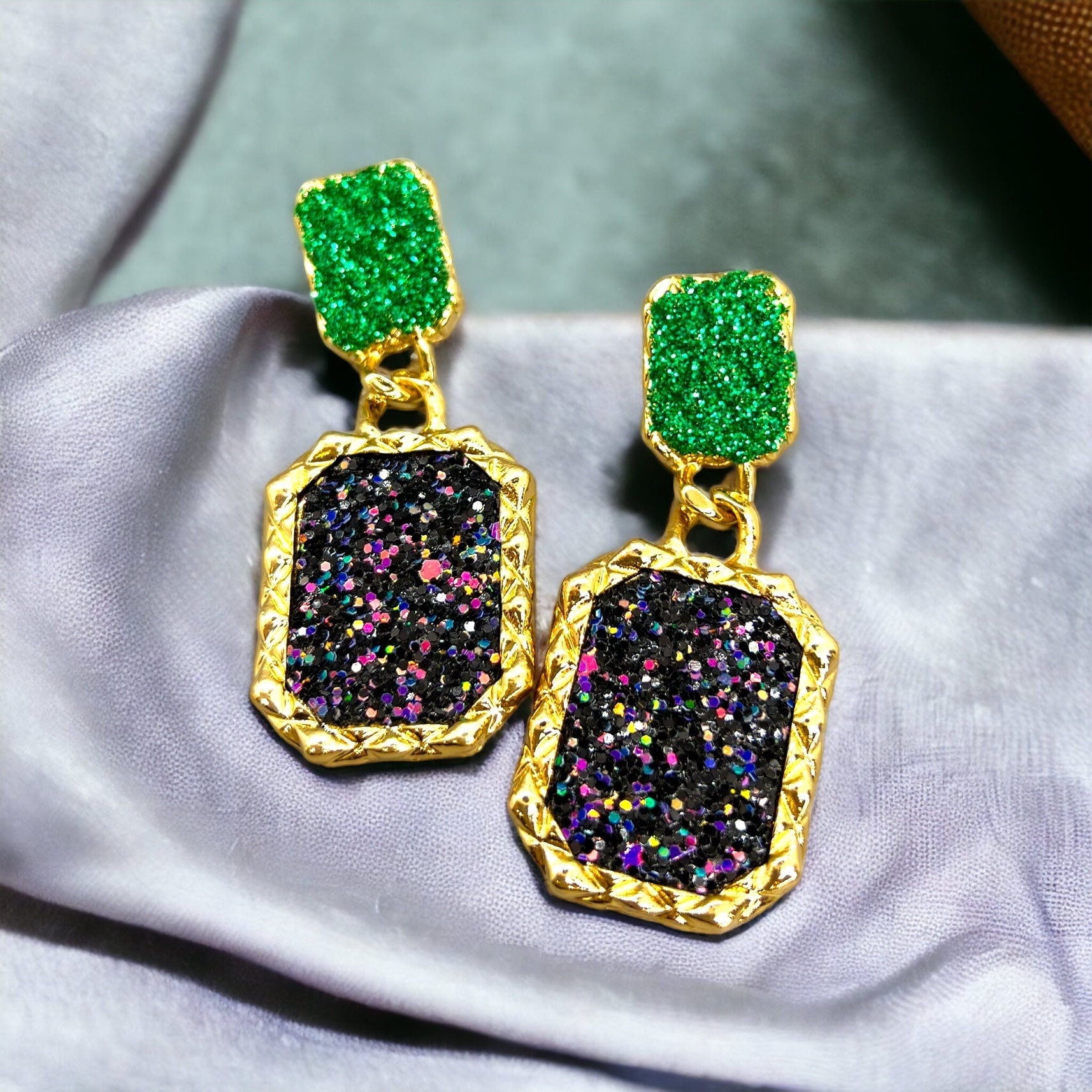 Mardi Gras Earrings - Handmade Jewelry, Rhinestone Earrings, New Orleans, NOLA, Purple Green Gold, Mardi Gras Jewelry, Parade Outfit - Rhythms of Grace Creative