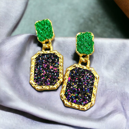 Mardi Gras Earrings - Handmade Jewelry, Rhinestone Earrings, New Orleans, NOLA, Purple Green Gold, Mardi Gras Jewelry, Parade Outfit - Rhythms of Grace Creative