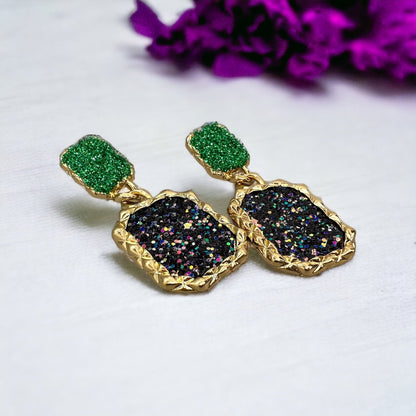Mardi Gras Earrings - Handmade Jewelry, Rhinestone Earrings, New Orleans, NOLA, Purple Green Gold, Mardi Gras Jewelry, Parade Outfit - Rhythms of Grace Creative