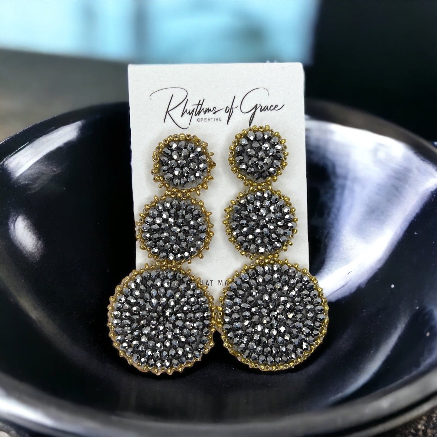 Beaded Drop Earrings - NOLA Saints, Beaded Earrings, Beaded Jewelry, Silver Earrings, Black Earrings, Beaded Accessories, Black and Gold - Rhythms of Grace Creative