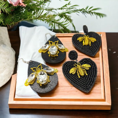 Rhinestone Bee Earrings - Honeybee Earrings, Bumblebee Earrings Black Earrings, Bee Mine, Black and Gold Earrings, Rhinestone Earrings - Rhythms of Grace Creative