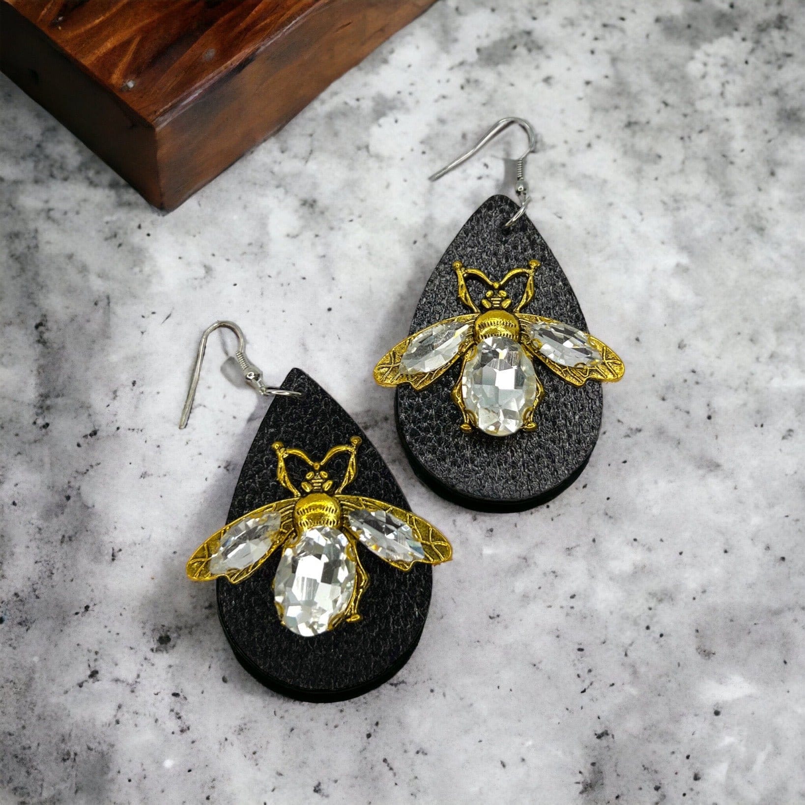 Rhinestone Bee Earrings - Honeybee Earrings, Bumblebee Earrings Black Earrings, Bee Mine, Black and Gold Earrings, Rhinestone Earrings - Rhythms of Grace Creative