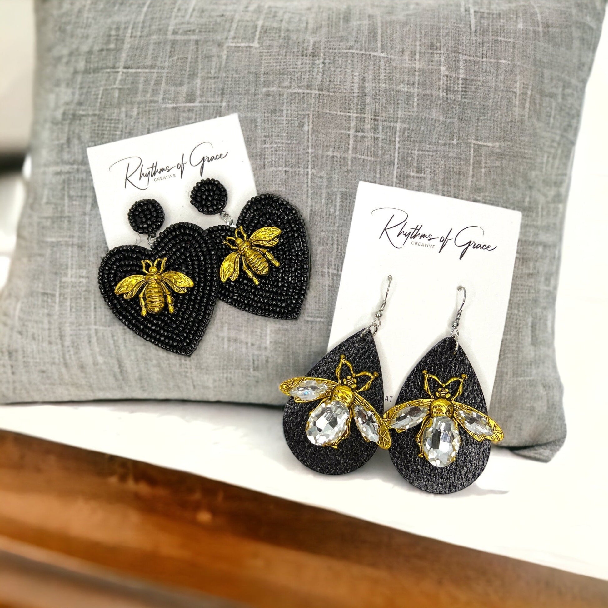 Rhinestone Bee Earrings - Honeybee Earrings, Bumblebee Earrings Black Earrings, Bee Mine, Black and Gold Earrings, Rhinestone Earrings - Rhythms of Grace Creative