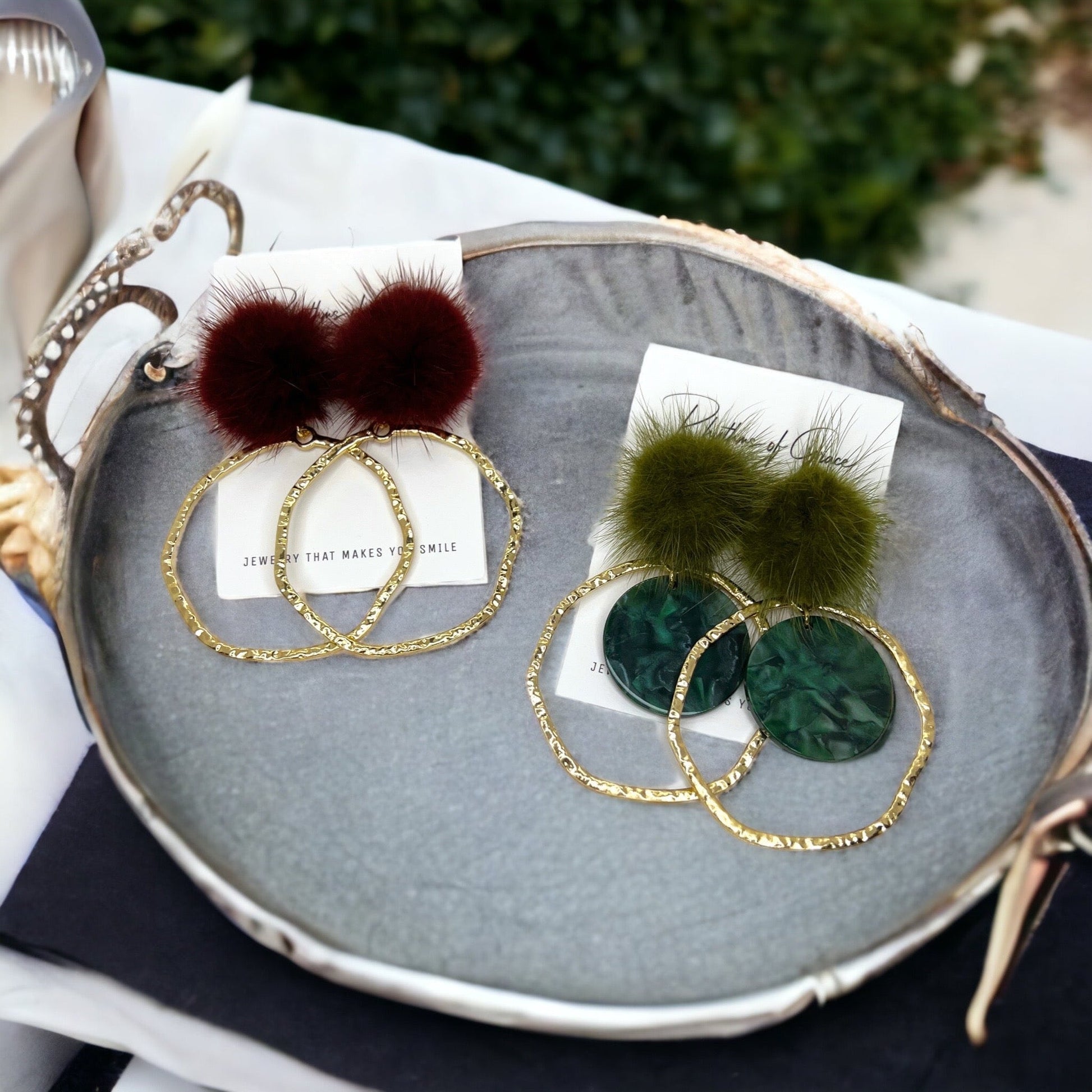Pom Pom Earrings - Maroon Earrings,Green Earrings, Maroon Accessories, Green Jewelry, Gold Earrings, Gold Accessories, Gold Jewelry