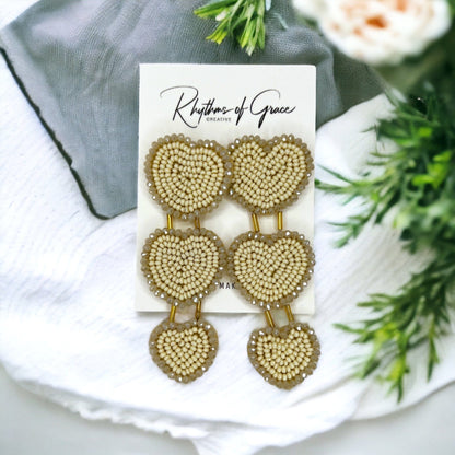 Beaded Heart Earrings - Boho Earrings, Bohemian Style, Kentucky Derby, Beaded Earrings, Beaded Jewelry, Valentine’s Day, Heart Accessories - Rhythms of Grace Creative