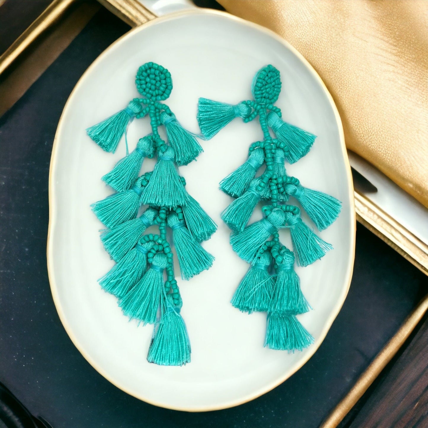 Teal Tassel Beaded Dangle Earrings - A Boho Dream! - Rhythms of Grace Creative