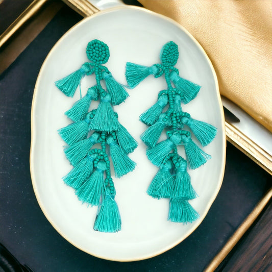 Teal Tassel Beaded Dangle Earrings - A Boho Dream! - Rhythms of Grace Creative