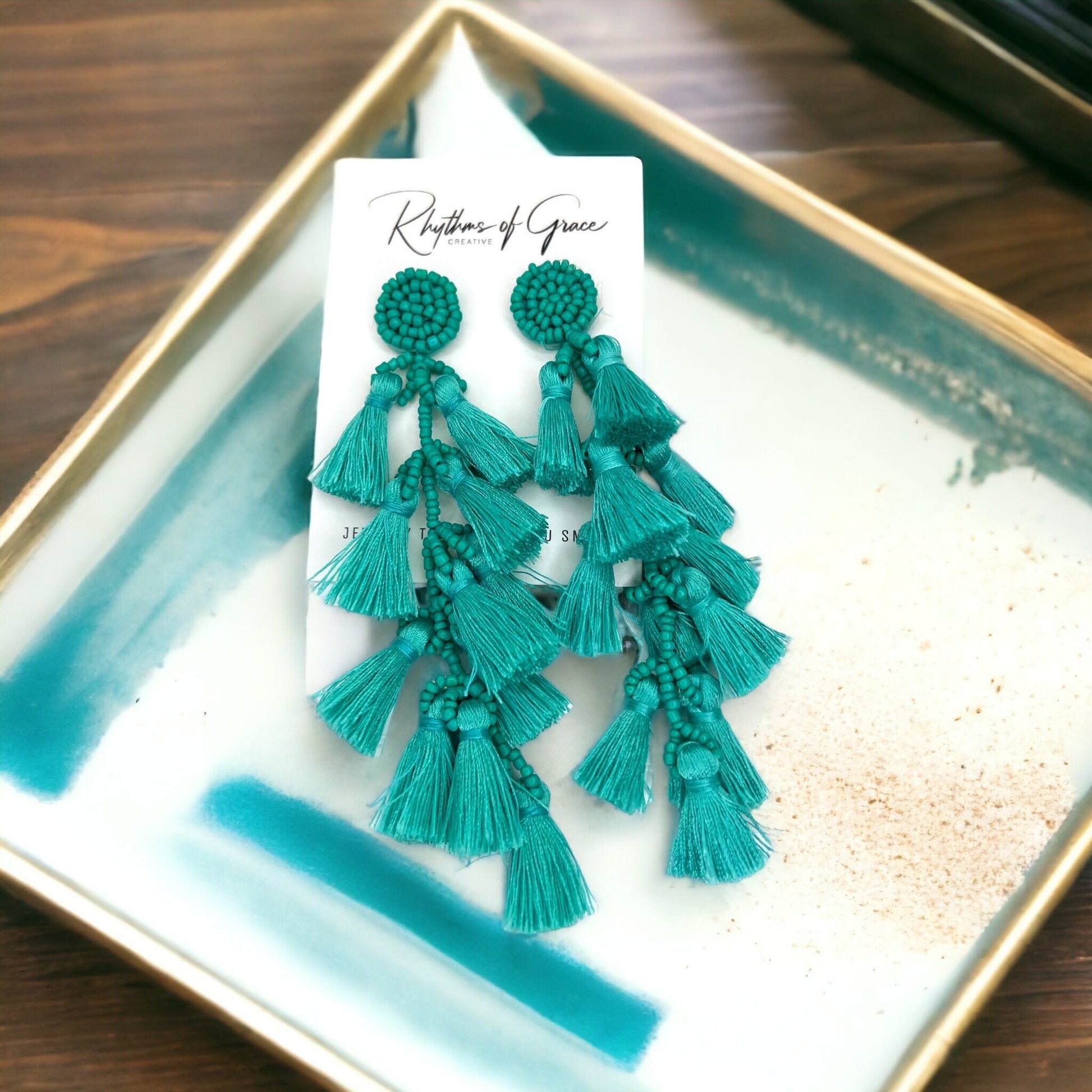 Teal Tassel Beaded Dangle Earrings - A Boho Dream! - Rhythms of Grace Creative