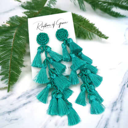 Teal Tassel Beaded Dangle Earrings - A Boho Dream! - Rhythms of Grace Creative