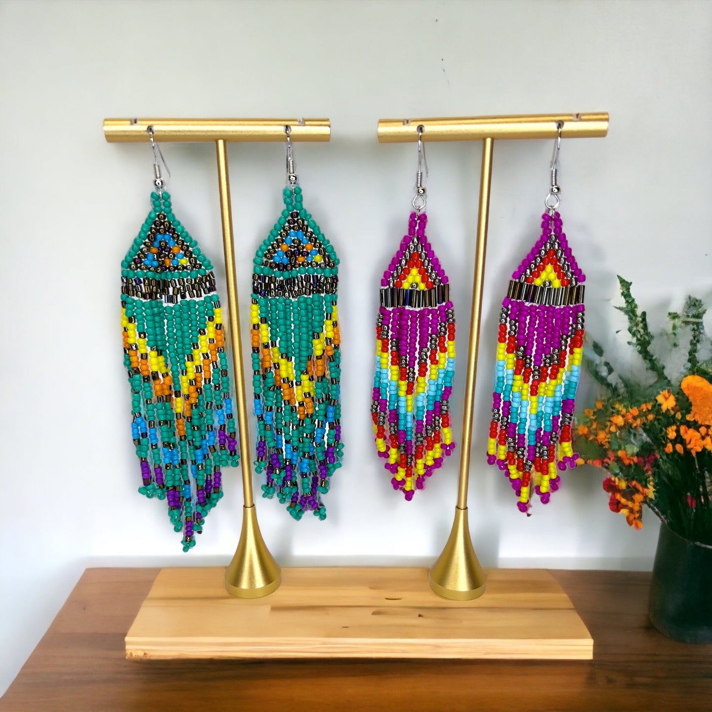 Boho Beaded Earrings - Boho Earrings, Bohemian Style, Hot Pink, Beaded Accessories, Handmade Jewelry, Blue Green - Rhythms of Grace Creative