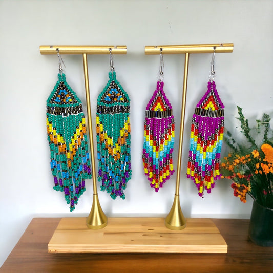 Boho Beaded Earrings - Boho Earrings, Bohemian Style, Hot Pink, Beaded Accessories, Handmade Jewelry, Blue Green - Rhythms of Grace Creative