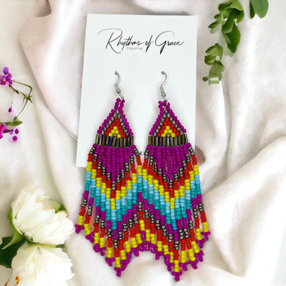 Boho Beaded Earrings - Boho Earrings, Bohemian Style, Hot Pink, Beaded Accessories, Handmade Jewelry, Blue Green - Rhythms of Grace Creative