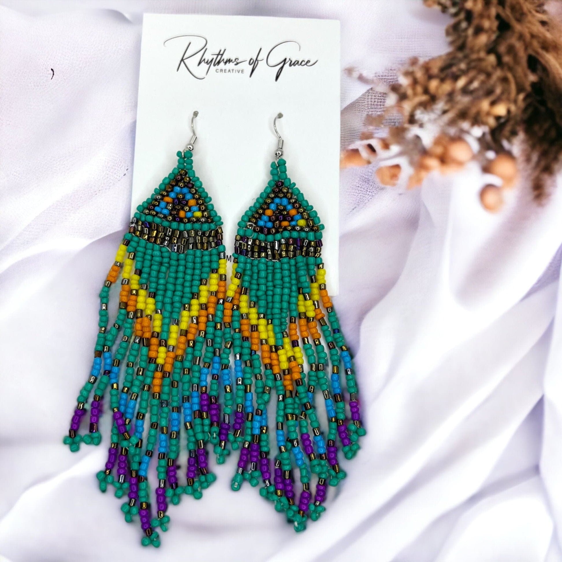 Boho Beaded Earrings - Boho Earrings, Bohemian Style, Hot Pink, Beaded Accessories, Handmade Jewelry, Blue Green - Rhythms of Grace Creative