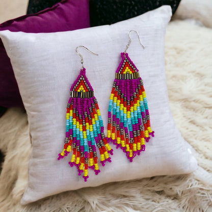 Boho Beaded Earrings - Boho Earrings, Bohemian Style, Hot Pink, Beaded Accessories, Handmade Jewelry, Blue Green - Rhythms of Grace Creative