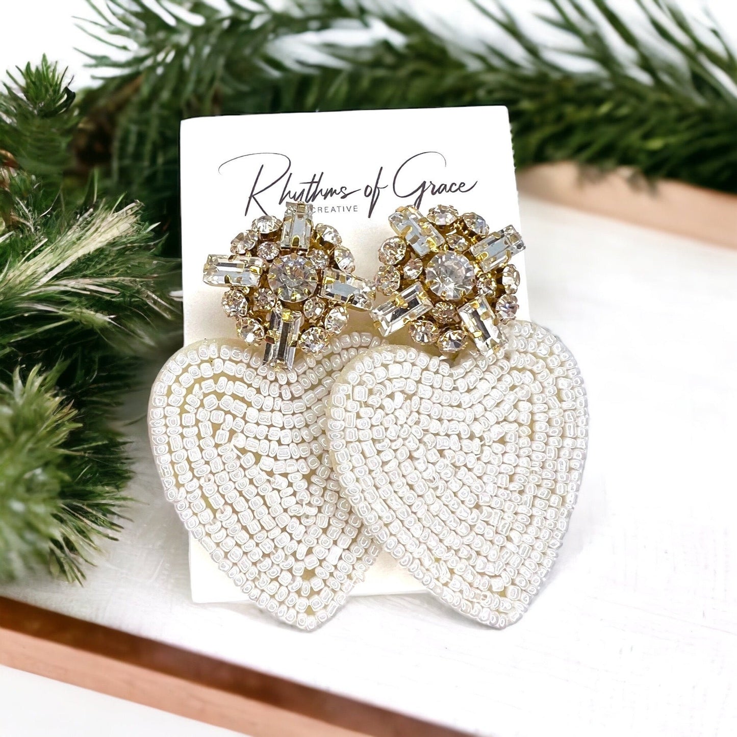 Beaded Heart Earrings - Rhinestone Earrings, Boho Earrings, Bohemian Style, Kentucky Derby, Rose Earrings, Handmade Jewelry, Anniversary - Rhythms of Grace Creative