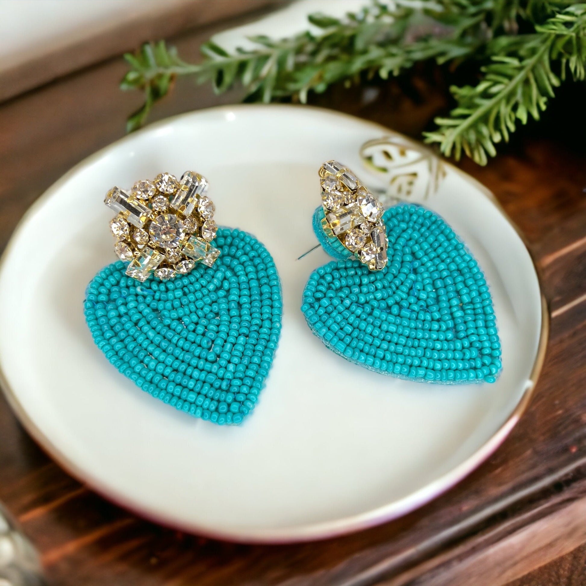 Beaded Heart Earrings - Rhinestone Earrings, Boho Earrings, Bohemian Style, Kentucky Derby, Rose Earrings, Handmade Jewelry, Anniversary - Rhythms of Grace Creative