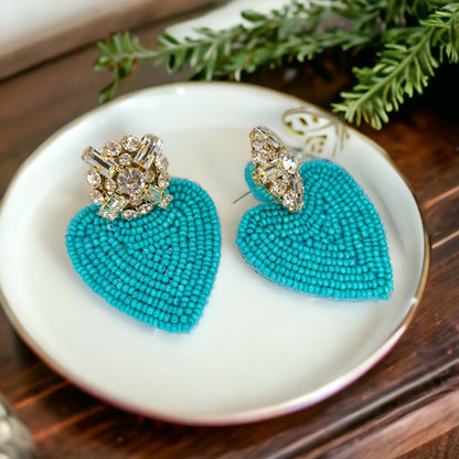 Beaded Heart Earrings - Rhinestone Earrings, Boho Earrings, Bohemian Style, Kentucky Derby, Rose Earrings, Handmade Jewelry, Anniversary - Rhythms of Grace Creative