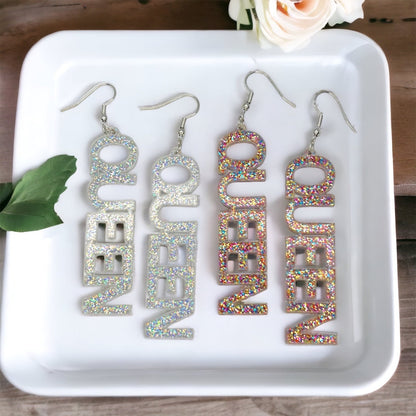 Queen Earrings - Birthday Queen, Bachelorette Earrings, Bachelorette Accessories, Queen Jewelry, Word Earrings, Glitter Earrings, Bride - Rhythms of Grace Creative
