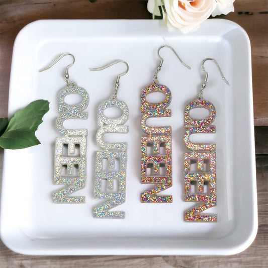 Queen Earrings - Birthday Queen, Bachelorette Earrings, Bachelorette Accessories, Queen Jewelry, Word Earrings, Glitter Earrings, Bride - Rhythms of Grace Creative