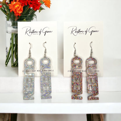 Queen Earrings - Birthday Queen, Bachelorette Earrings, Bachelorette Accessories, Queen Jewelry, Word Earrings, Glitter Earrings, Bride - Rhythms of Grace Creative