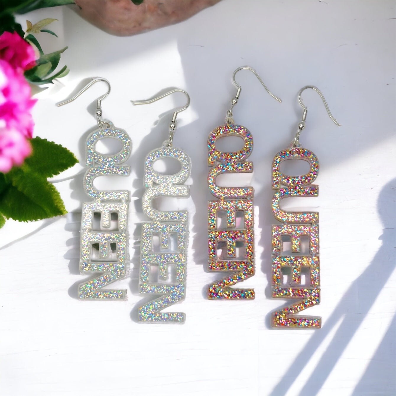 Queen Earrings - Birthday Queen, Bachelorette Earrings, Bachelorette Accessories, Queen Jewelry, Word Earrings, Glitter Earrings, Bride - Rhythms of Grace Creative