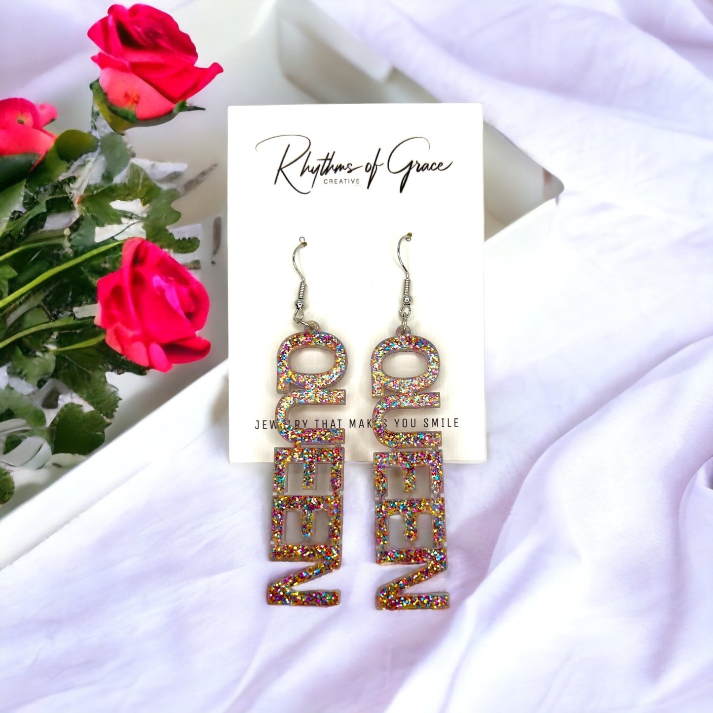 Queen Earrings - Birthday Queen, Bachelorette Earrings, Bachelorette Accessories, Queen Jewelry, Word Earrings, Glitter Earrings, Bride - Rhythms of Grace Creative
