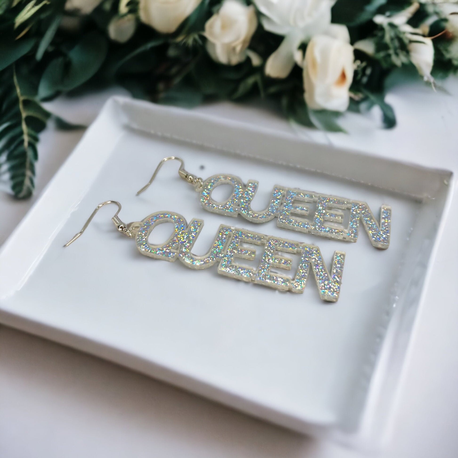 Queen Earrings - Birthday Queen, Bachelorette Earrings, Bachelorette Accessories, Queen Jewelry, Word Earrings, Glitter Earrings, Bride - Rhythms of Grace Creative
