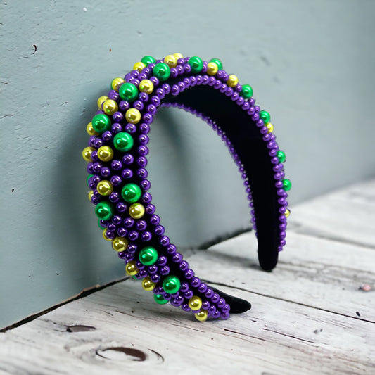 Sparkle & Shine: Beaded Mardi Gras Headband in Party Perfect Purple, Green & Gold! - Rhythms of Grace Creative
