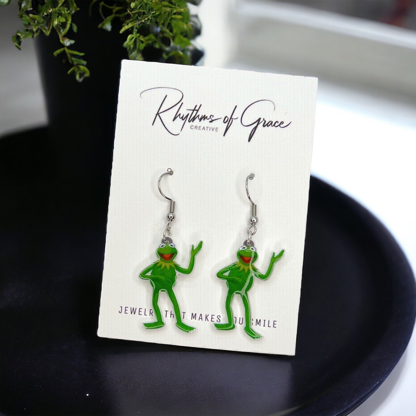 Kermit Earrings - Frog Earrings, Frog Prince, Frog Jewelry, Frog Accessories, Tadpole, Over the Rainbow, Amphibian, Toad Earrings - Rhythms of Grace Creative