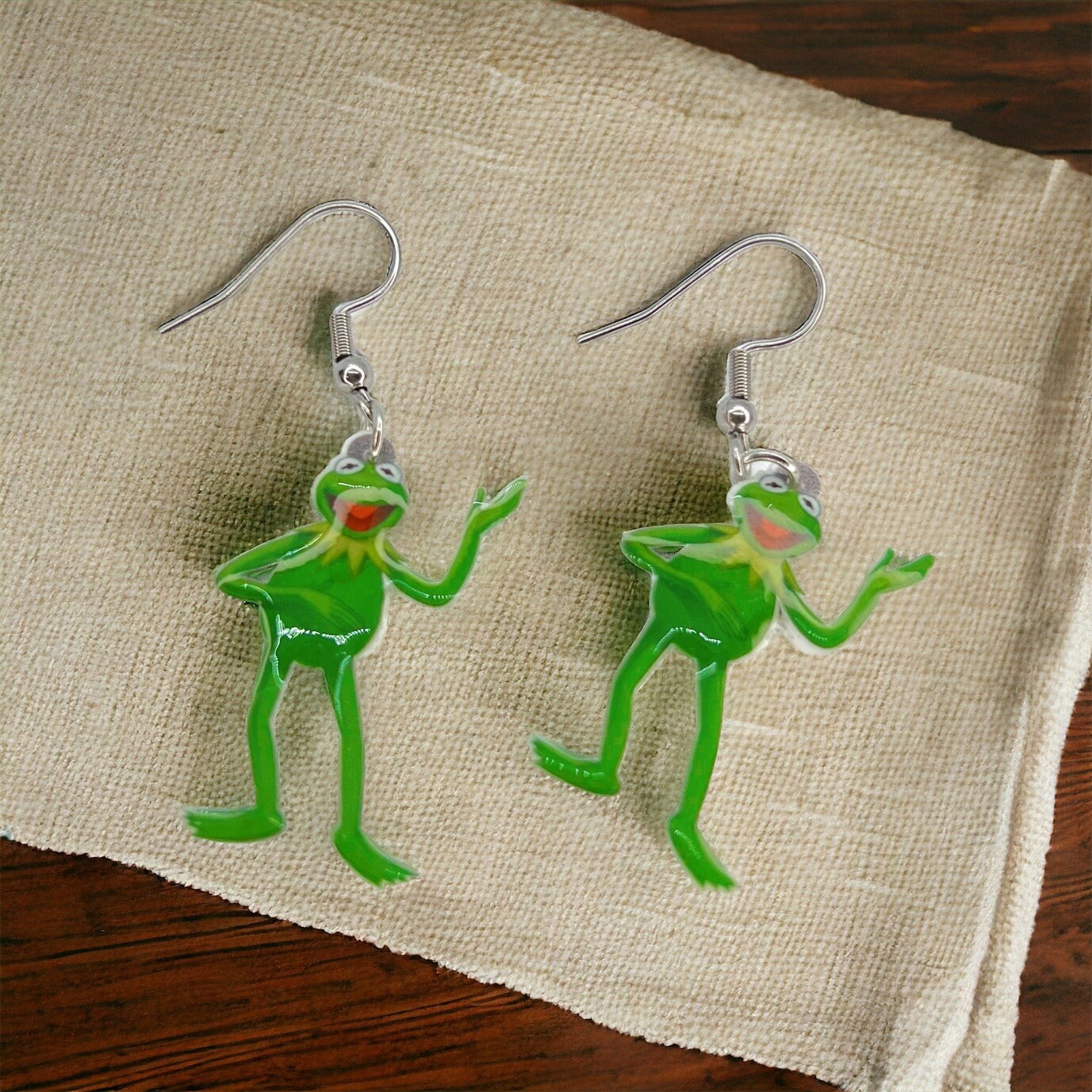 Kermit Earrings - Frog Earrings, Frog Prince, Frog Jewelry, Frog Accessories, Tadpole, Over the Rainbow, Amphibian, Toad Earrings - Rhythms of Grace Creative
