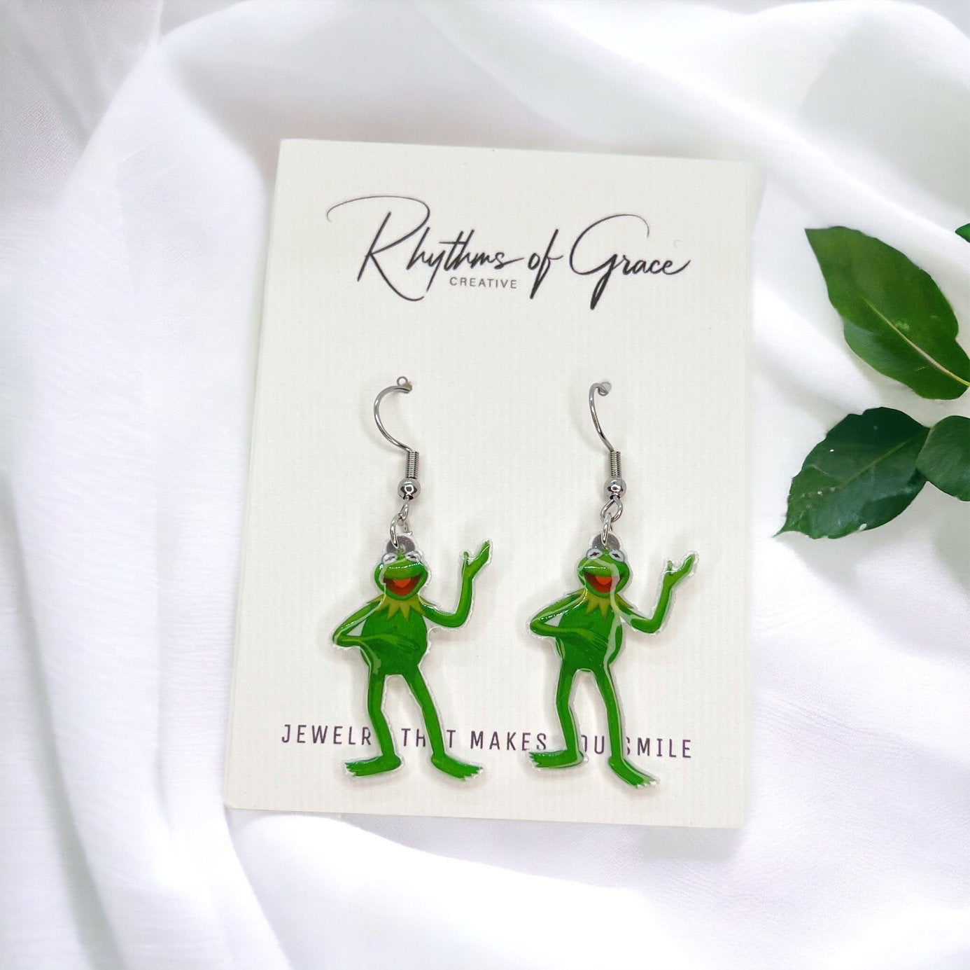 Kermit Earrings - Frog Earrings, Frog Prince, Frog Jewelry, Frog Accessories, Tadpole, Over the Rainbow, Amphibian, Toad Earrings - Rhythms of Grace Creative