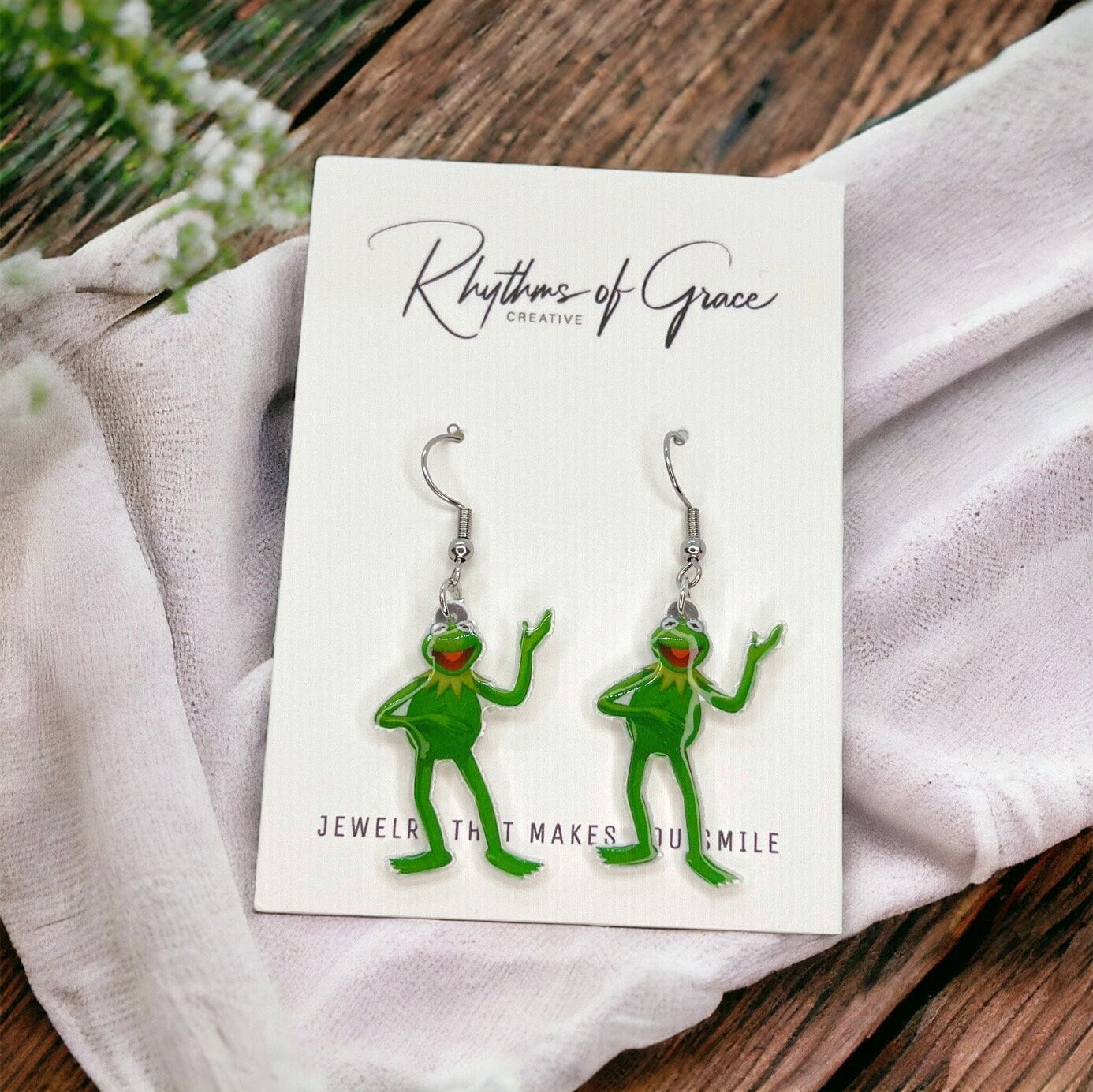 Kermit Earrings - Frog Earrings, Frog Prince, Frog Jewelry, Frog Accessories, Tadpole, Over the Rainbow, Amphibian, Toad Earrings - Rhythms of Grace Creative