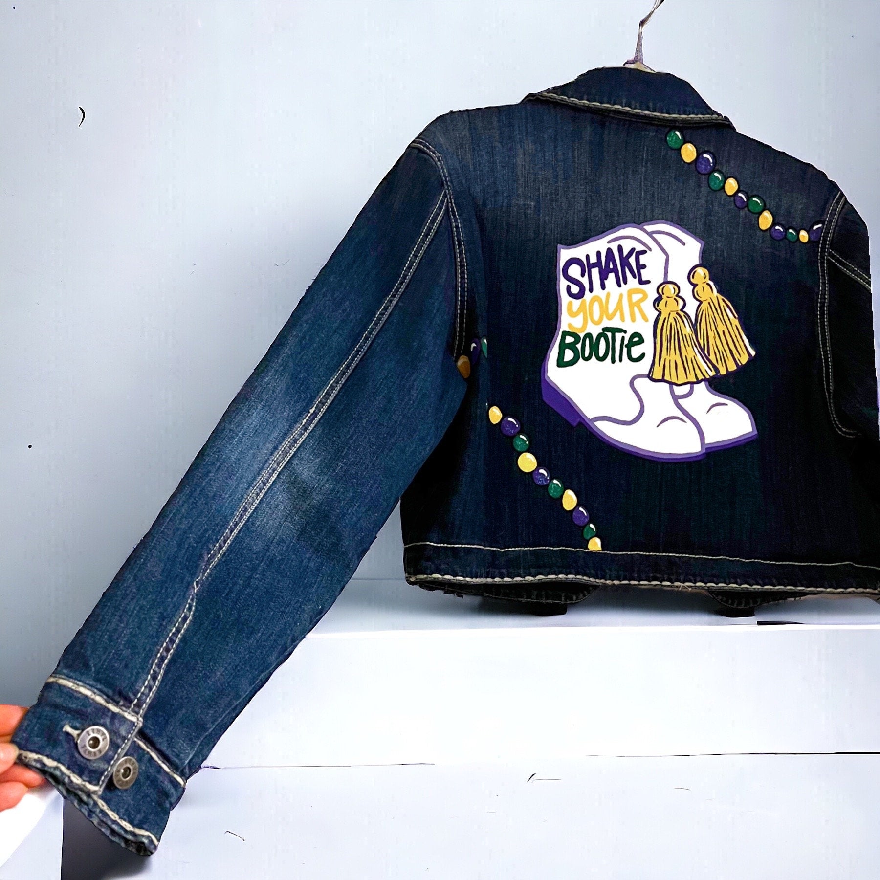 Hand Painted Mardi Gras Jean Jacket - Mardi Gras, Painted Jean Jacket, New Orleans, NOLA, Purple Green Gold, Mardi Gras, Parade Outfit - Rhythms of Grace Creative