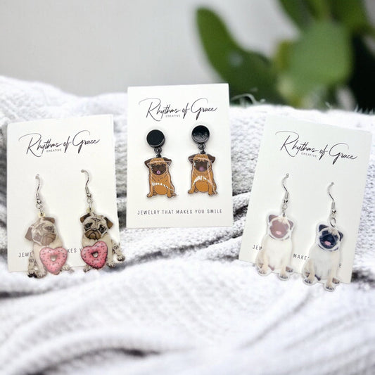 Pug Earrings - Pug Dog, Dog Earrings, Dog Jewelry, Dog Mom, French Bull Pug, Handmade Earrings, Furbaby, Pug Puppy, Cute Pug, French Bulldog