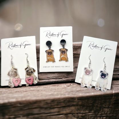 Pug Earrings - Pug Dog, Dog Earrings, Dog Jewelry, Dog Mom, French Bull Pug, Handmade Earrings, Furbaby, Pug Puppy, Cute Pug, French Bulldog