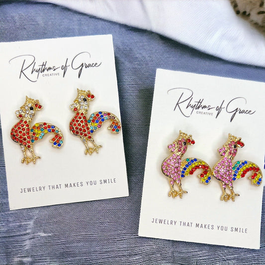 Rooster Earrings - Rooster Jewelry, Handmade Earrings, Handmade Jewelry, Animal Earrings, Animal Jewelry, Rhinestone Rooster, Rainbow
