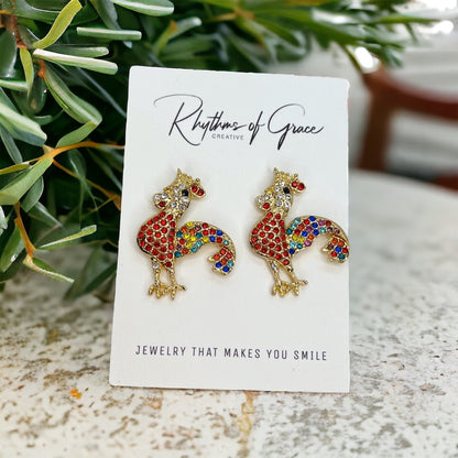 Rooster Earrings - Rooster Jewelry, Handmade Earrings, Handmade Jewelry, Animal Earrings, Animal Jewelry, Rhinestone Rooster, Rainbow